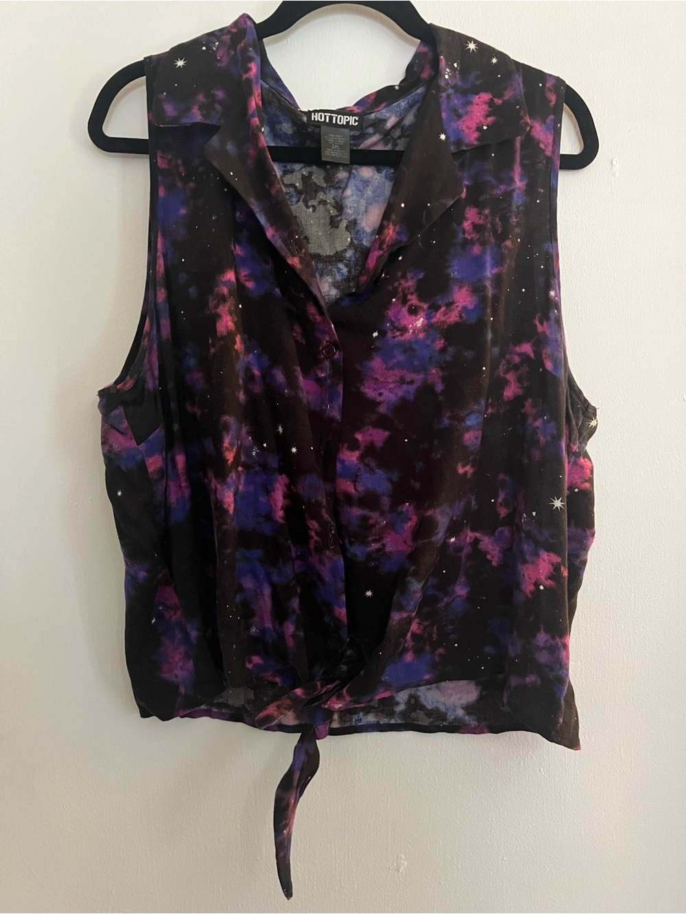 Hot Topic Black and Purple Galaxy Tie-Front Sleeveless Blouse
